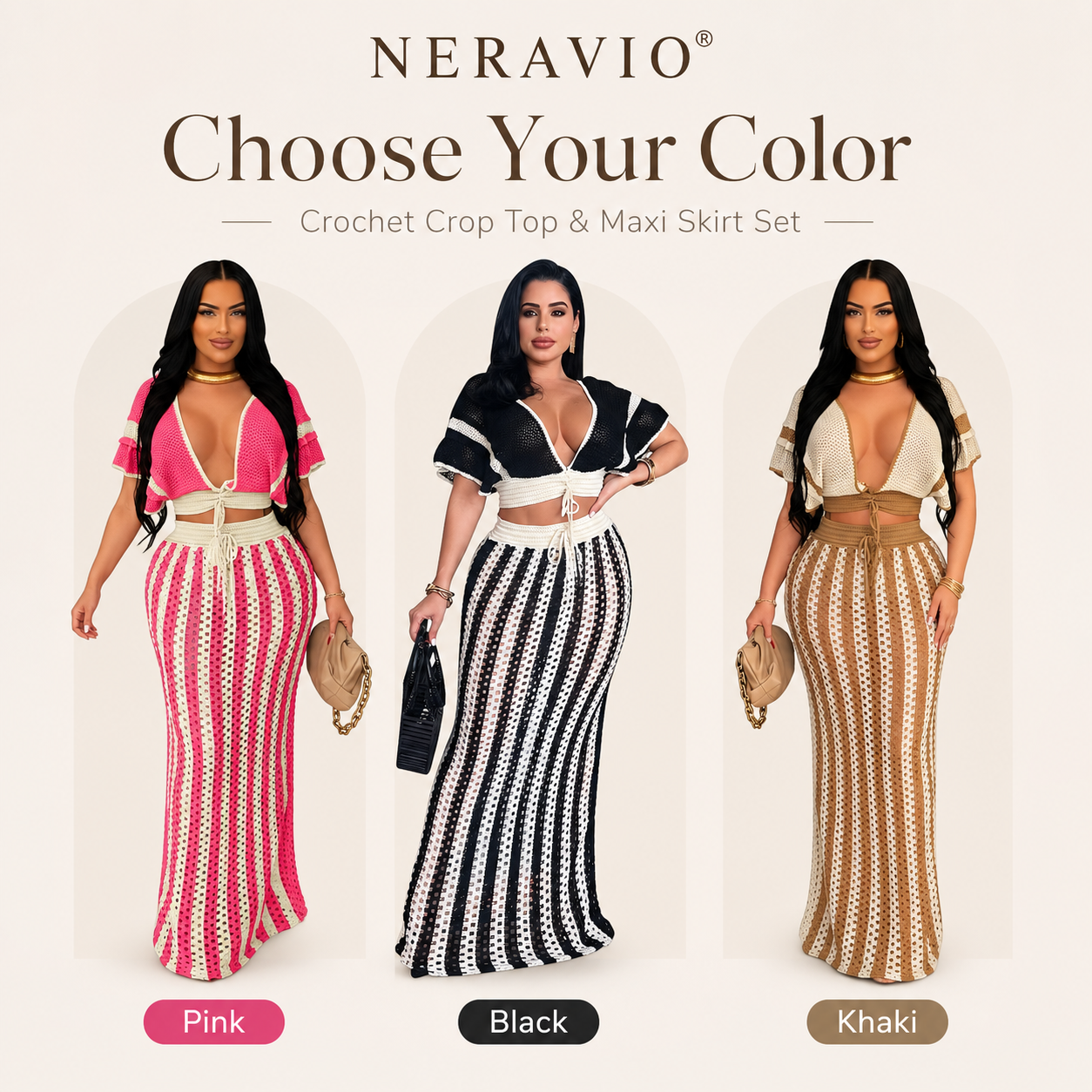 NERAVIO™ Isla Crochet Maxi Set – Women’s Crochet Crop Top & Maxi Skirt Set