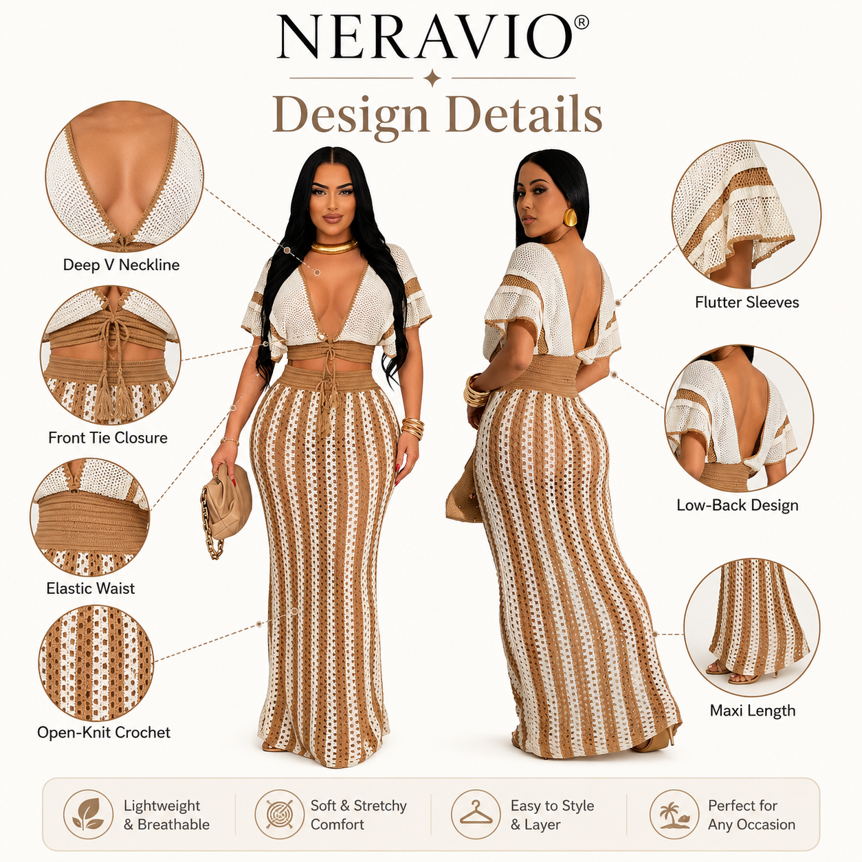 NERAVIO™ Isla Crochet Maxi Set – Women’s Crochet Crop Top & Maxi Skirt Set