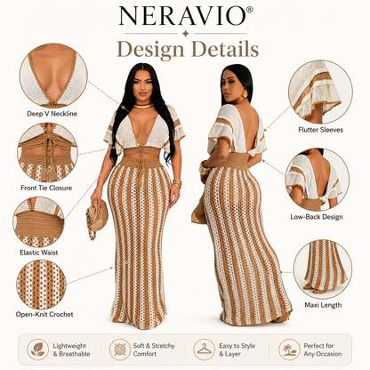 NERAVIO™ Isla Crochet Maxi Set – Women’s Crochet Crop Top & Maxi Skirt Set