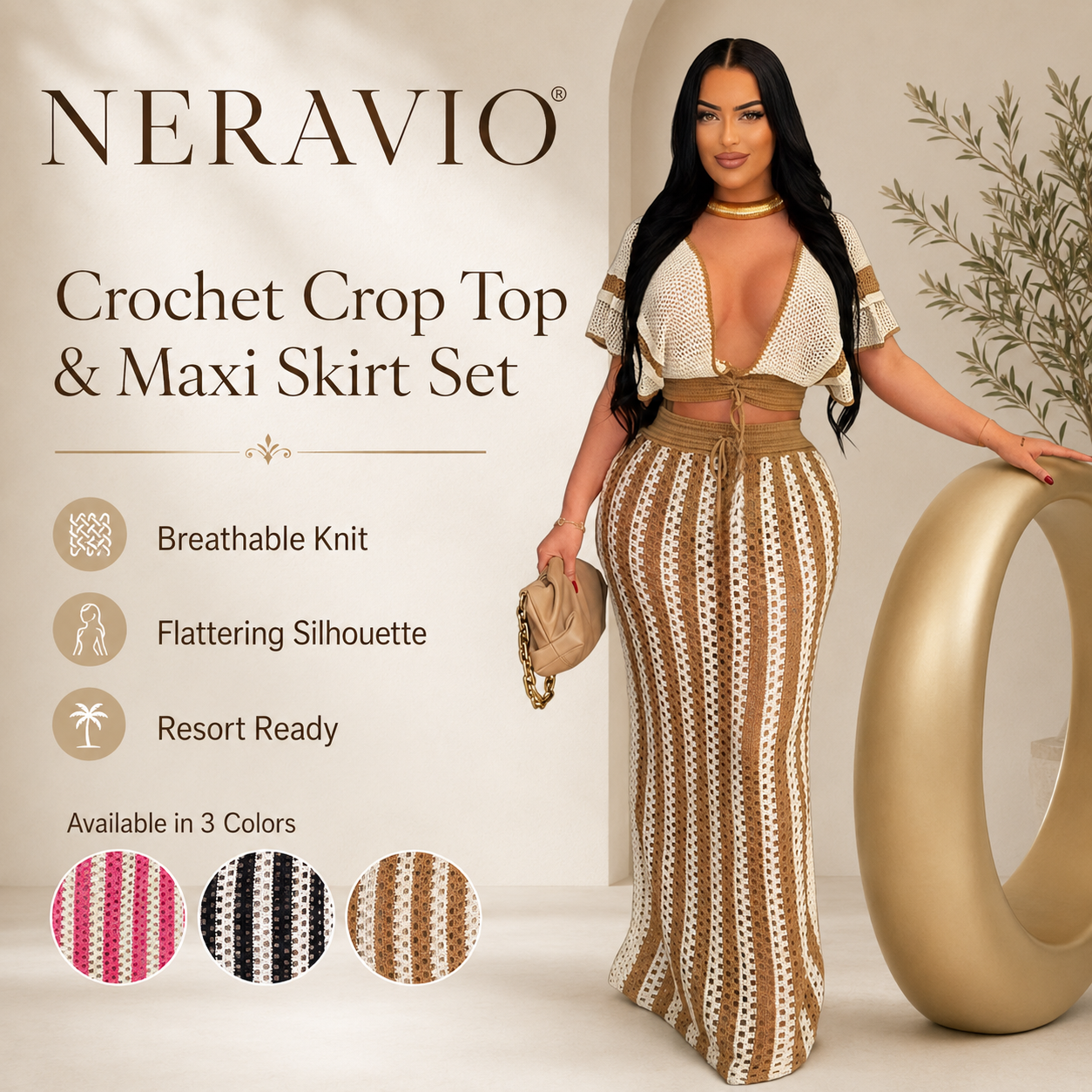 NERAVIO™ Isla Crochet Maxi Set – Women’s Crochet Crop Top & Maxi Skirt Set