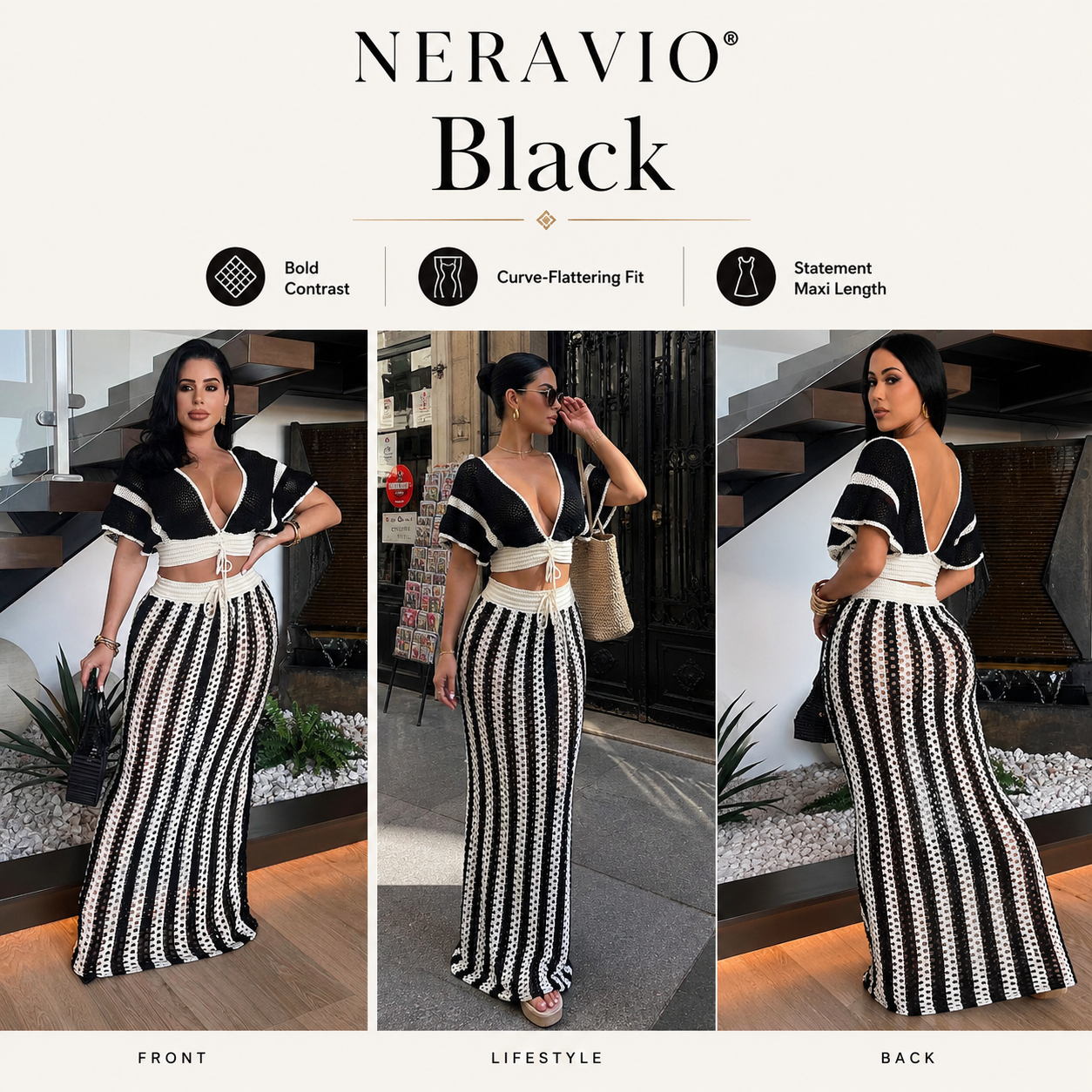 NERAVIO™ Isla Crochet Maxi Set – Women’s Crochet Crop Top & Maxi Skirt Set