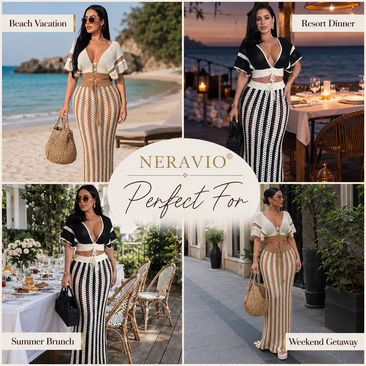 NERAVIO™ Isla Crochet Maxi Set – Women’s Crochet Crop Top & Maxi Skirt Set