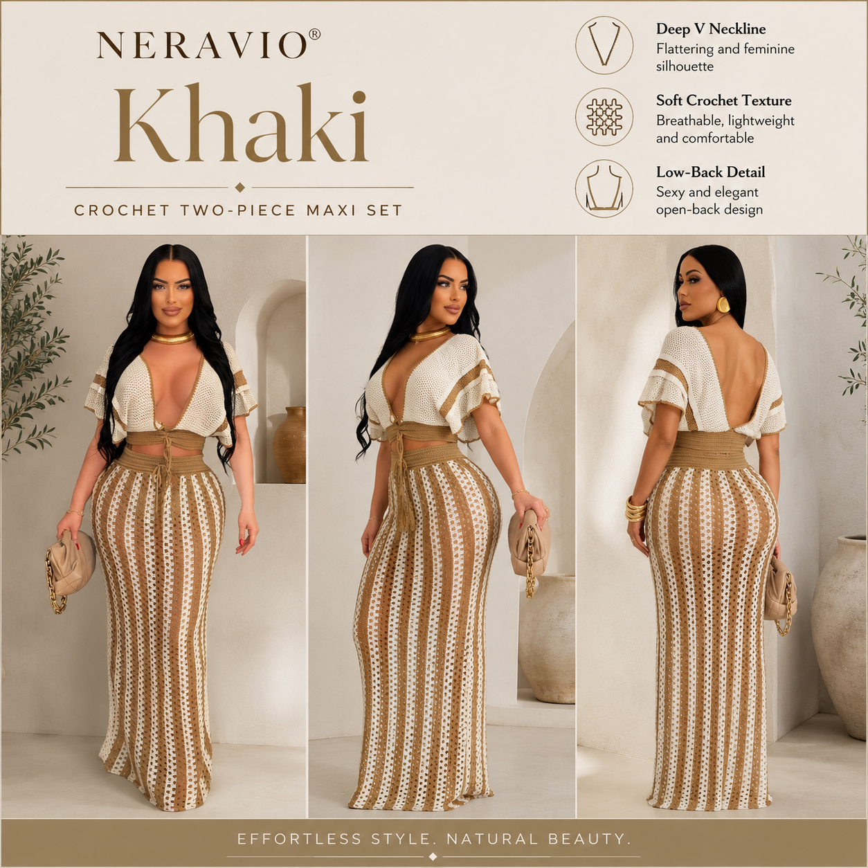 NERAVIO™ Isla Crochet Maxi Set – Women’s Crochet Crop Top & Maxi Skirt Set