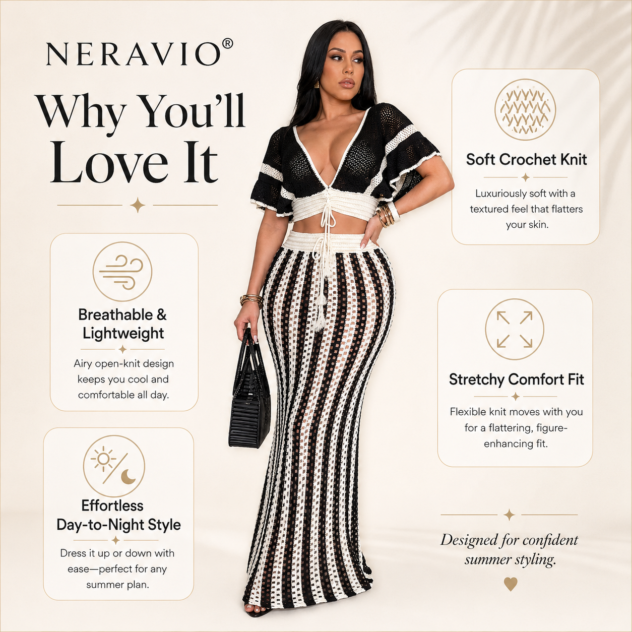 NERAVIO™ Isla Crochet Maxi Set – Women’s Crochet Crop Top & Maxi Skirt Set