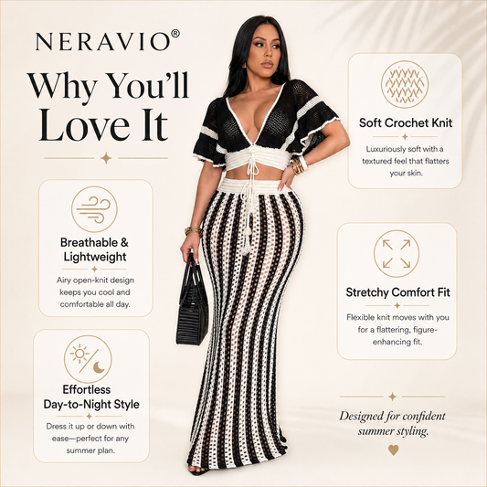 NERAVIO™ Isla Crochet Maxi Set – Women’s Crochet Crop Top & Maxi Skirt Set