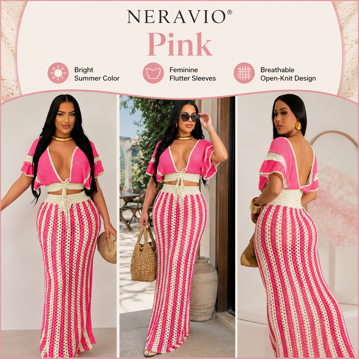 NERAVIO™ Isla Crochet Maxi Set – Women’s Crochet Crop Top & Maxi Skirt Set