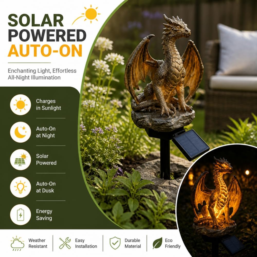 💥LAST DAY 55% OFF🐉✨Solar Dragon Garden Statue Light – Golden Ember Fantasy Outdoor Decor