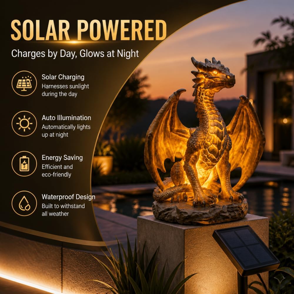 💥LAST DAY 55% OFF🐉✨Solar Dragon Garden Statue Light – Golden Ember Fantasy Outdoor Decor