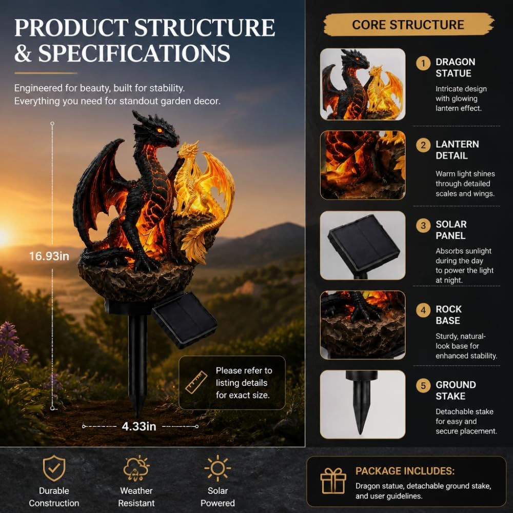 💥LAST DAY 55% OFF🐉✨Solar Dragon Garden Statue Light – Golden Ember Fantasy Outdoor Decor