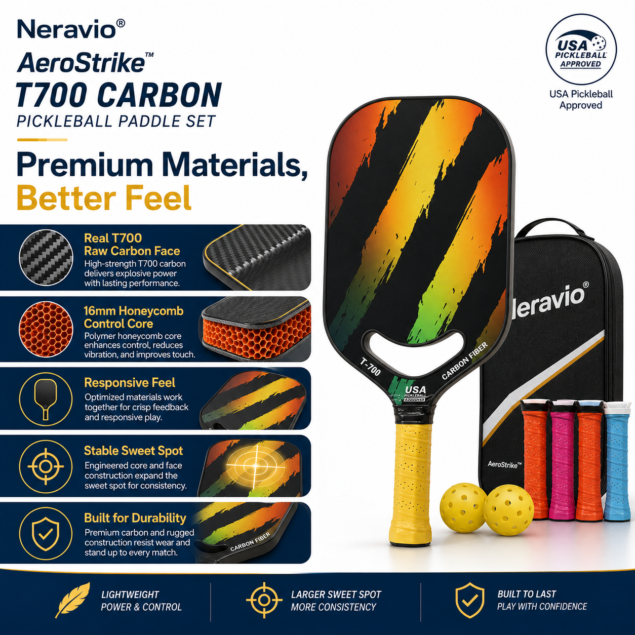Neravio AeroStrike™ 16MM T700 Carbon Pickleball Paddle