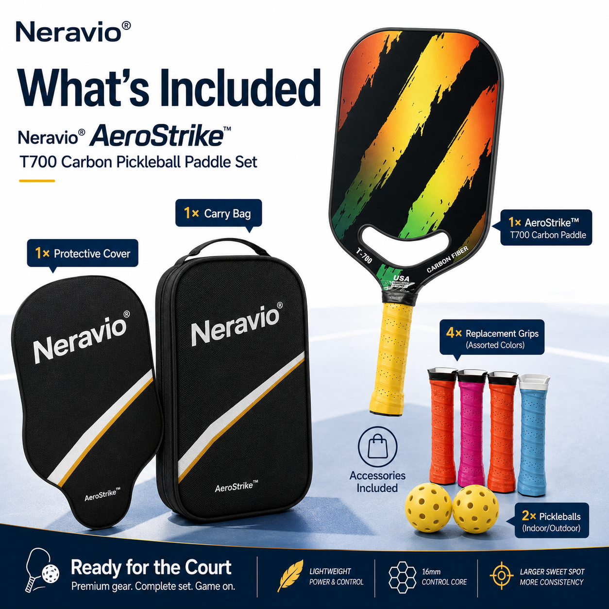 Neravio AeroStrike™ 16MM T700 Carbon Pickleball Paddle