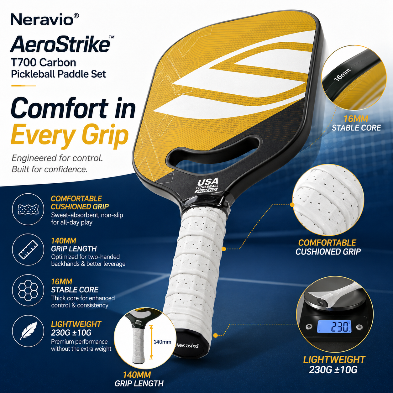 Neravio AeroStrike™ 16MM T700 Carbon Pickleball Paddle