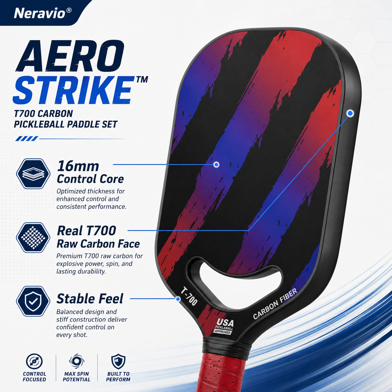 Neravio AeroStrike™ 16MM T700 Carbon Pickleball Paddle