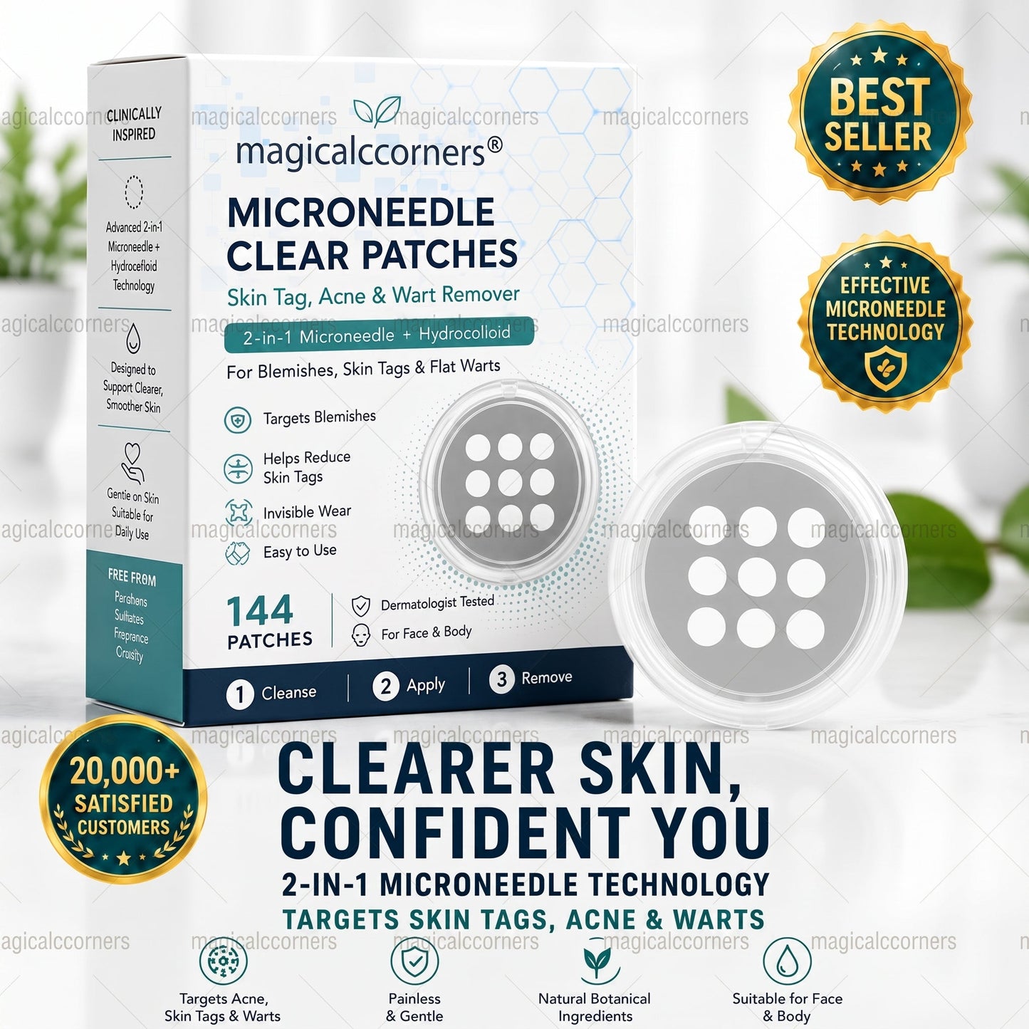 ✨2-in-1 Microneedle & Hydrocolloid Patch🍀| Removes Raised Moles, Acne, Flat Warts & Skin Tags | Helps Improve Wrinkles, Scars & Blemishes | Invisible Patches for Face & Body