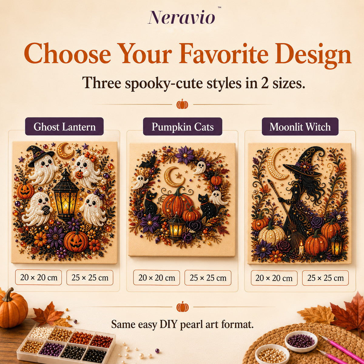 Three Neravio Halloween pearl art variants: Ghost Lantern, Pumpkin Cats and Moonlit Witch