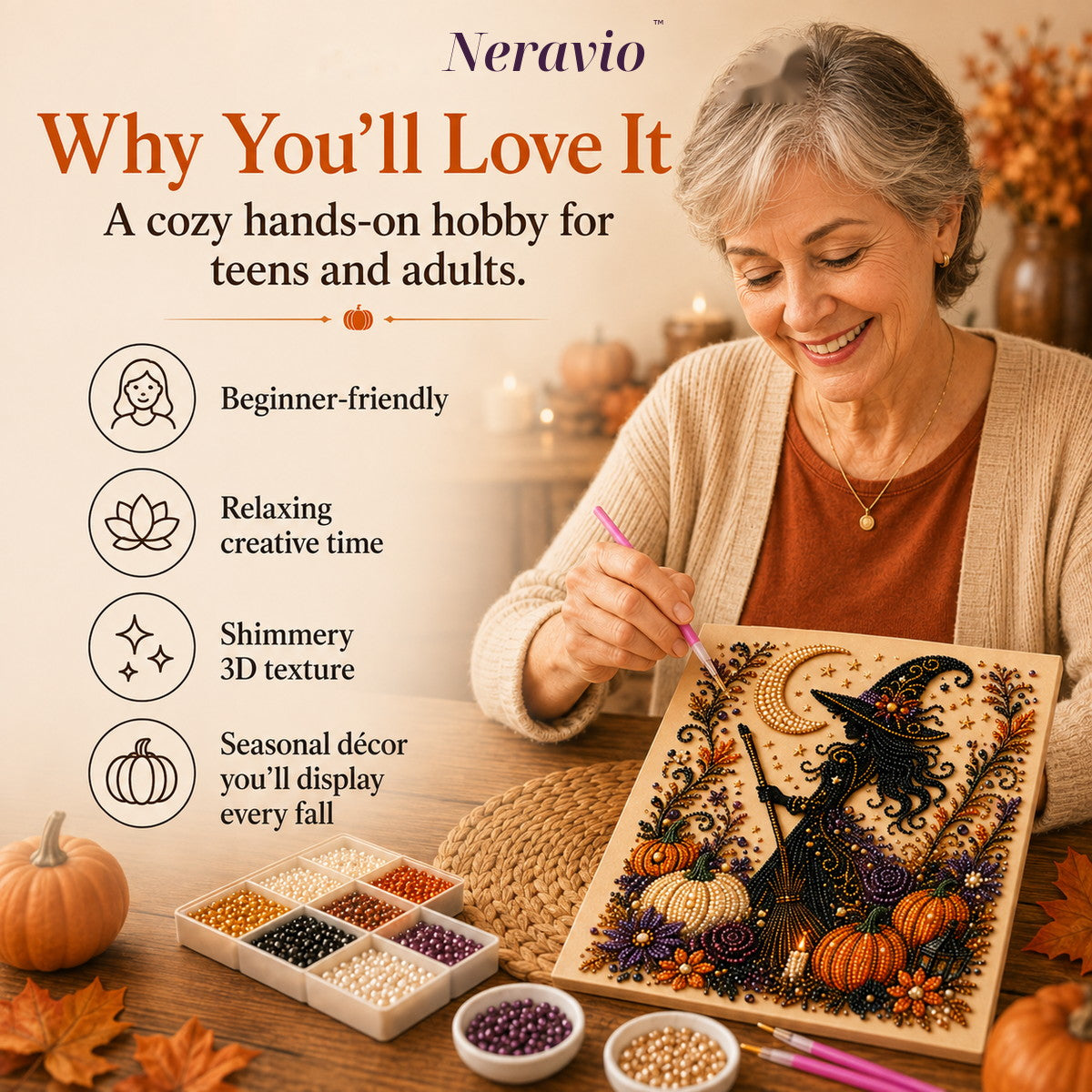 Older adult enjoying a Neravio pearl art craft with raised Halloween bead texture