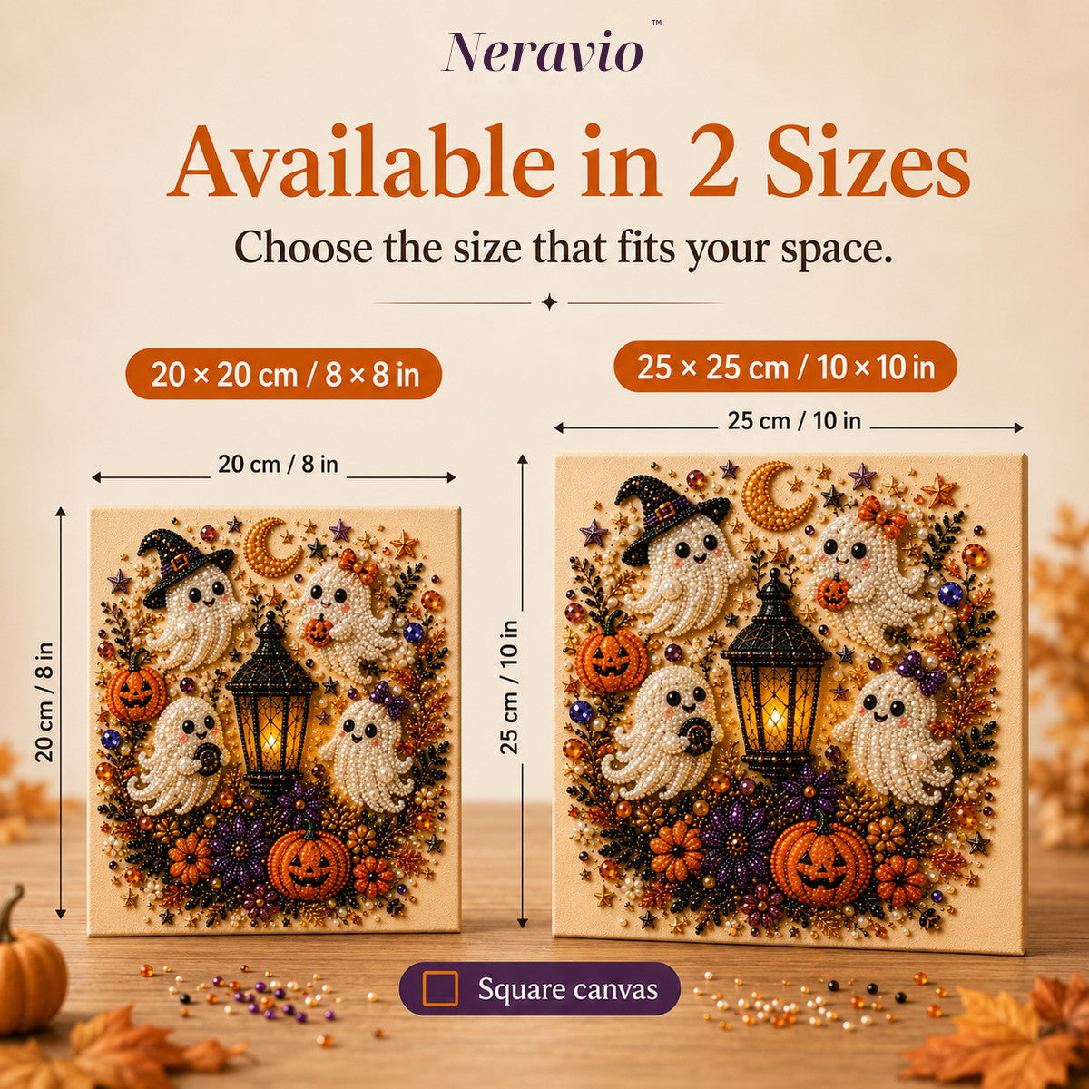 Neravio pearl art size guide showing 20 centimeter and 25 centimeter square canvases