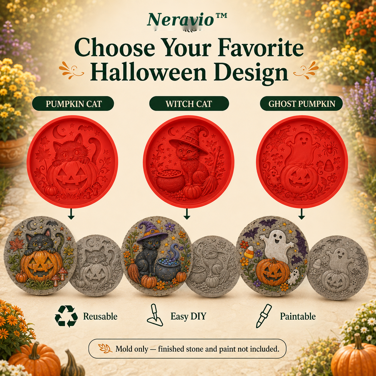 Comparison of Pumpkin Cat, Witch Cat and Ghost Pumpkin Halloween stepping stone mold designs