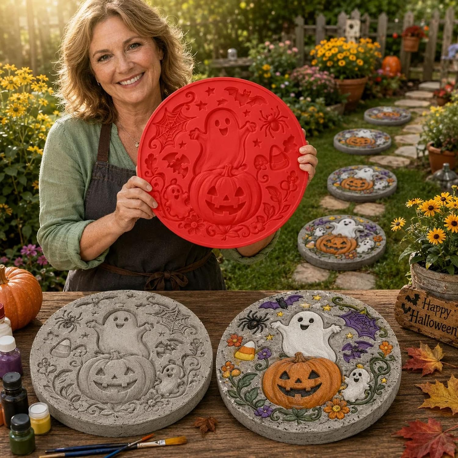 Ghost Pumpkin Neravio Halloween stepping stone mold with painted and unpainted casts