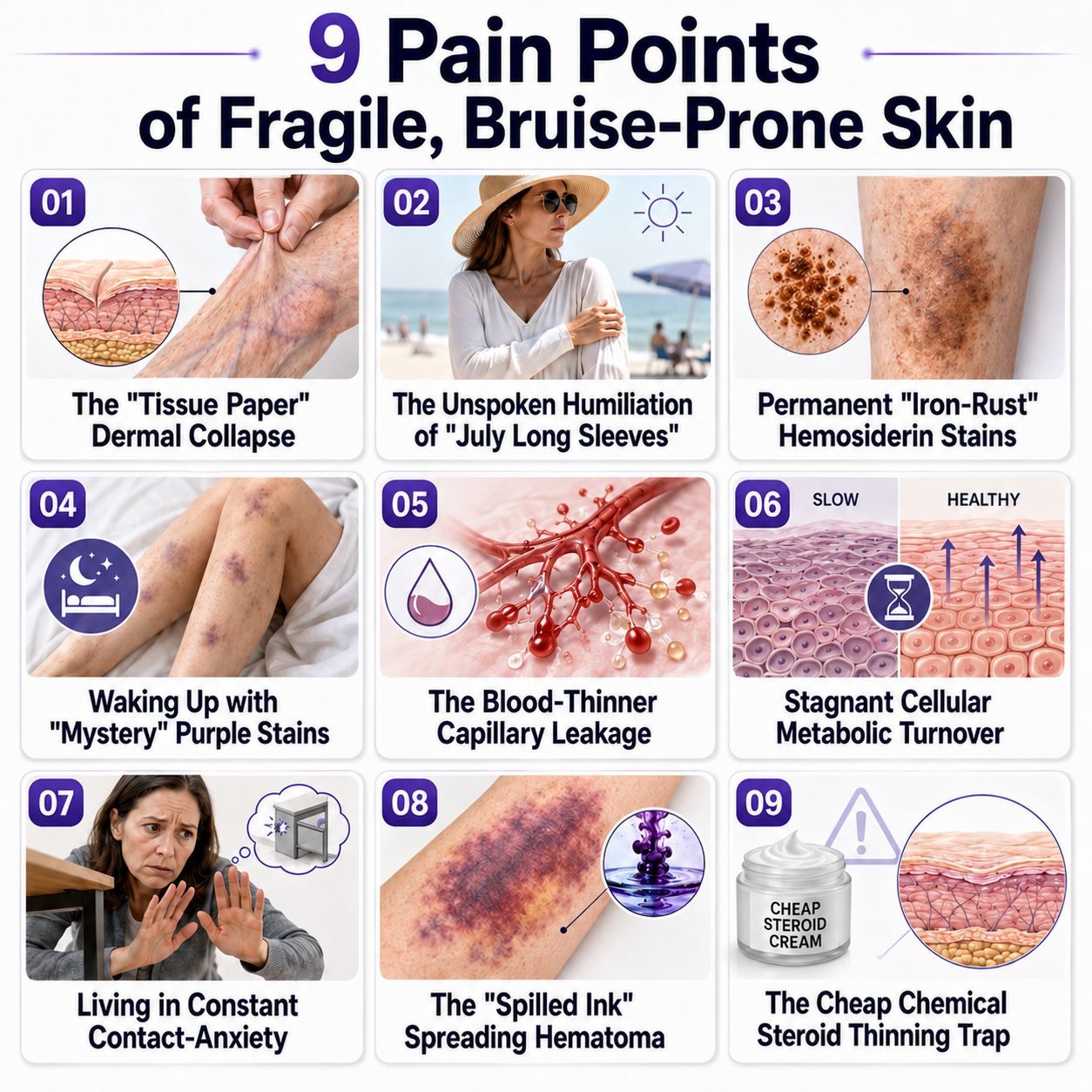Nine pain points of fragile, bruise-prone skin